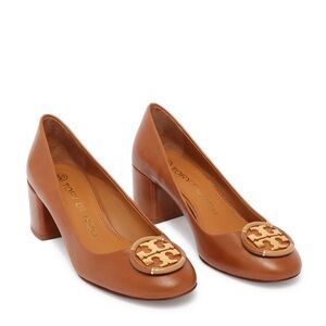 Tory Burch Tan Leather Block Heel Pumps with Gold Logo